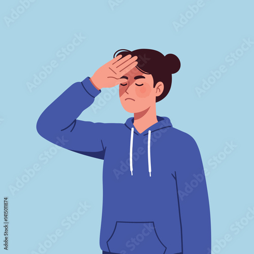 Young woman in blue hoodie feeling stressed and tired with hand on forehead flat minimal vector illustration