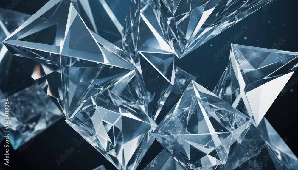 Multiple clear geometric shapes cluster against a dark background.