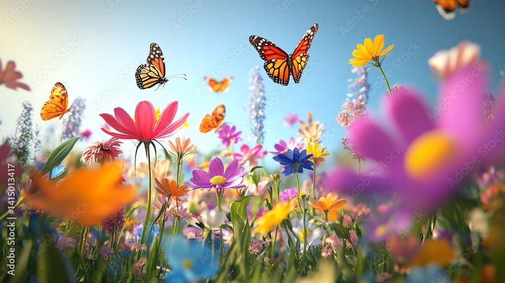 Fototapeta premium Enchanting Butterfly Meadow, A Vibrant Symphony of Colors and Life