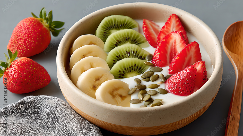 Eye Level Bowl with Yogurt, Sliced Strawberries, Kiwi, Bananas on Textured Grey Surface