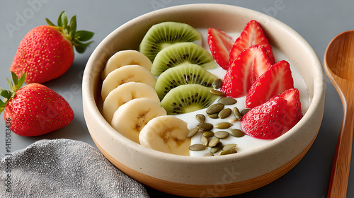 Obraz na płótnie Eye Level Bowl with Yogurt, Sliced Strawberries, Kiwi, Bananas on Textured Grey Surface w salonie