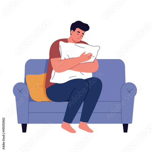 Young man sitting on blue couch hugging white pillow with orange cushion behind in flat minimal vector illustration