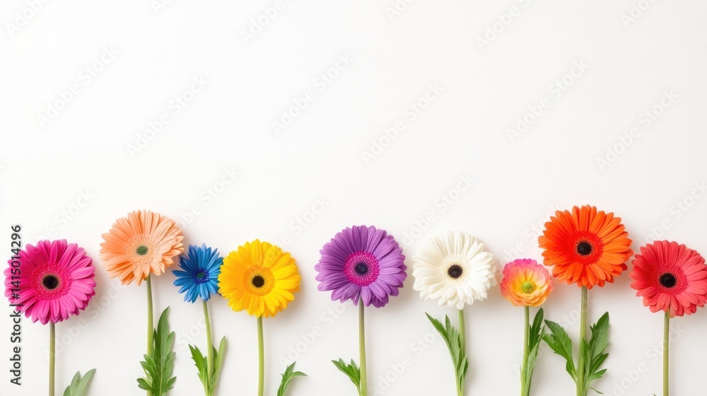 Obraz premium Colorful gerbera daisies arranged in a row on a white background