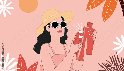 Woman with Sunscreen on Tropical Background