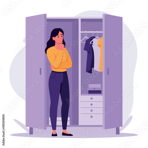 Young woman in casual clothing contemplating outfit choices near open wardrobe flat design vector illustration