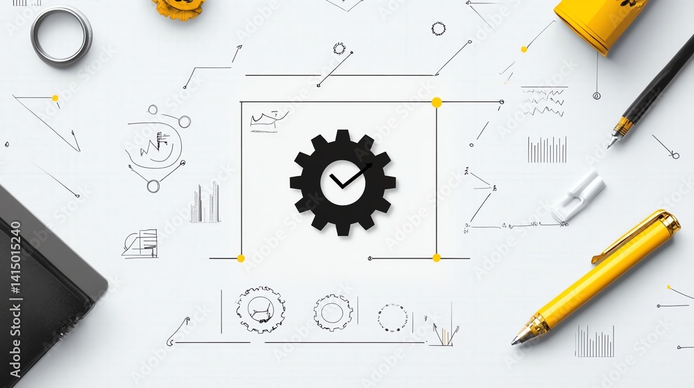 Fototapeta premium Minimal flat line art checklist with gears, business process vector, black and yellow outline on white