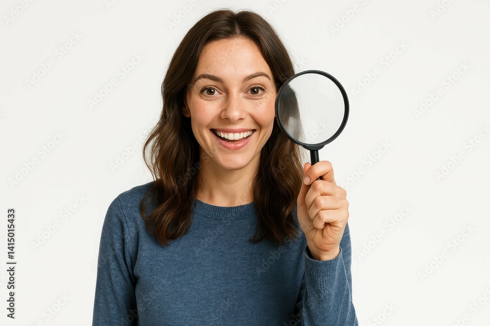 Happy Woman Holding Magnifying Glass Smiling at Camera in Studio Happy Woman Holding Magnifying Glass Smiling at Camera in Studio