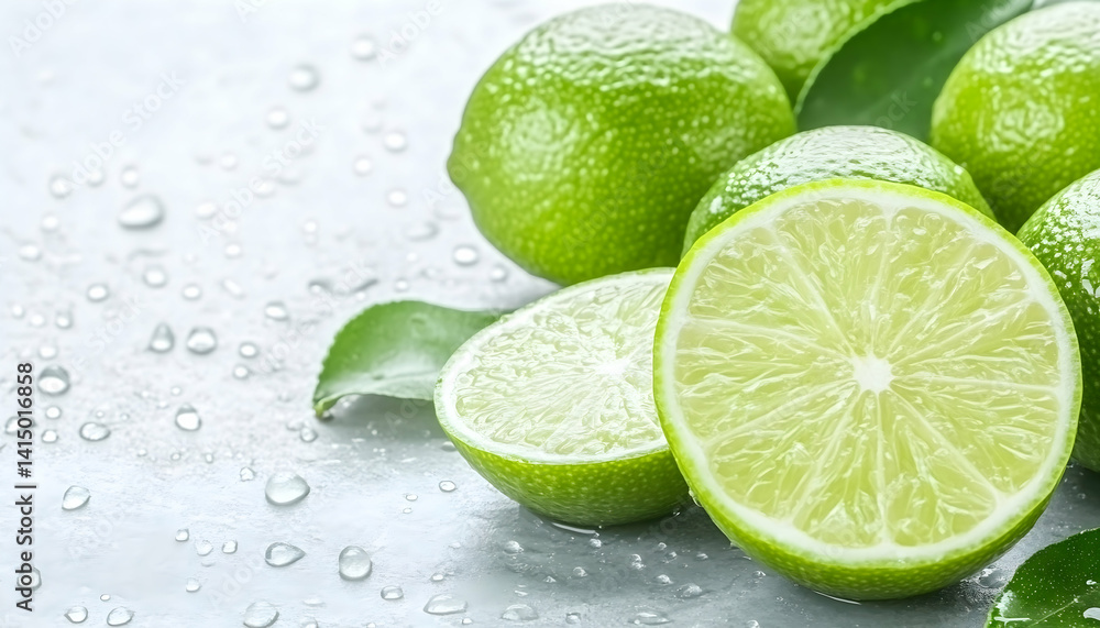 Fresh limes with water droplets on gray background . Generative AI Fresh limes with water droplets on gray background . Generative AI