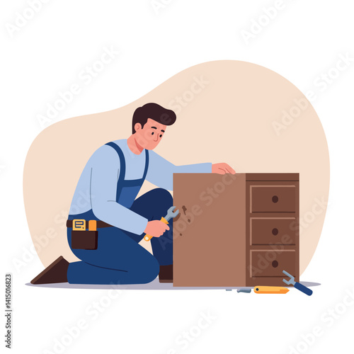 Young handyman repairing wooden cabinet with wrench tools in minimal flat design vector illustration