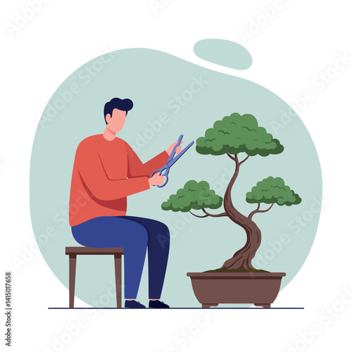 Man pruning bonsai tree with scissors in minimal flat design style seated on stool vector illustration