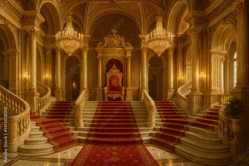 Obraz premium Opulent Palace Interior with Grand Staircase and Regal Throne