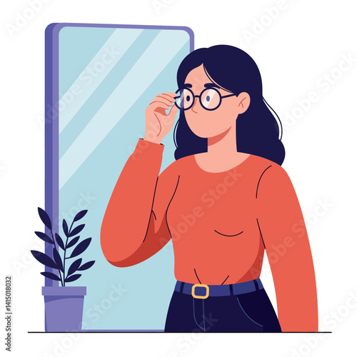 Young woman with glasses adjusting eyewear near mirror flat minimal vector illustration