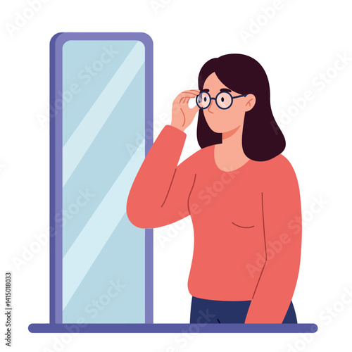 Woman adjusting eyeglasses in casual outfit standing beside tall mirror with reflective surface flat design vector illustration