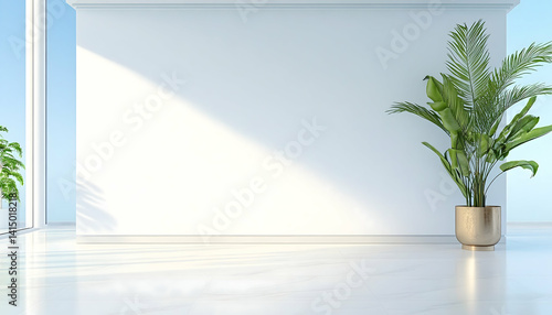 Minimalist room with large blank wall, sunlight, potted plant, and marble floor . Generative AI