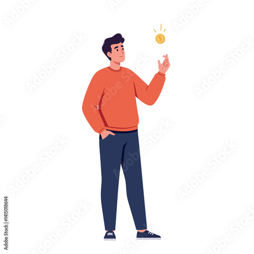 Young man in casual clothing balancing glowing gold coin on finger in simple flat design vector illustration