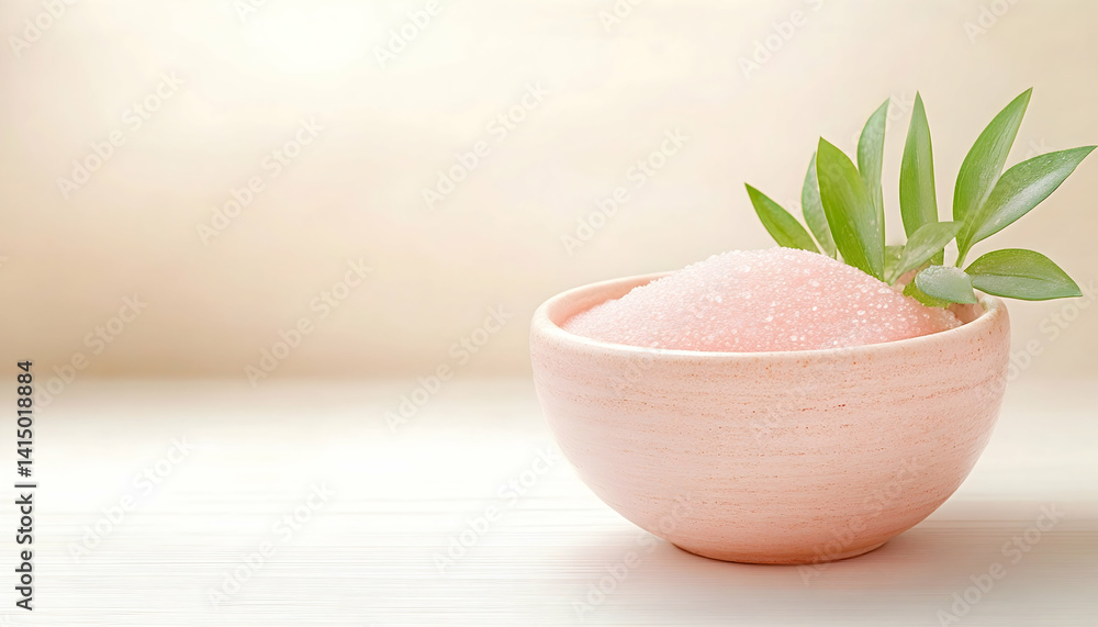 Pink bath salt in bowl with green leaves on white wood . Generative AI Pink bath salt in bowl with green leaves on white wood . Generative AI