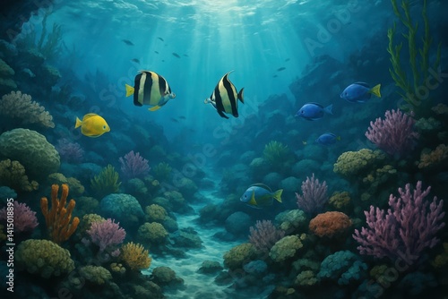 Vibrant Underwater Scene with Colorful Coral and Tropical Fish