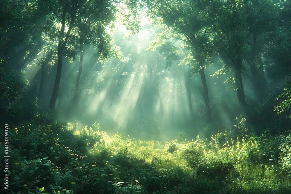 Fototapeta premium Sunlight streams through a verdant forest canopy.