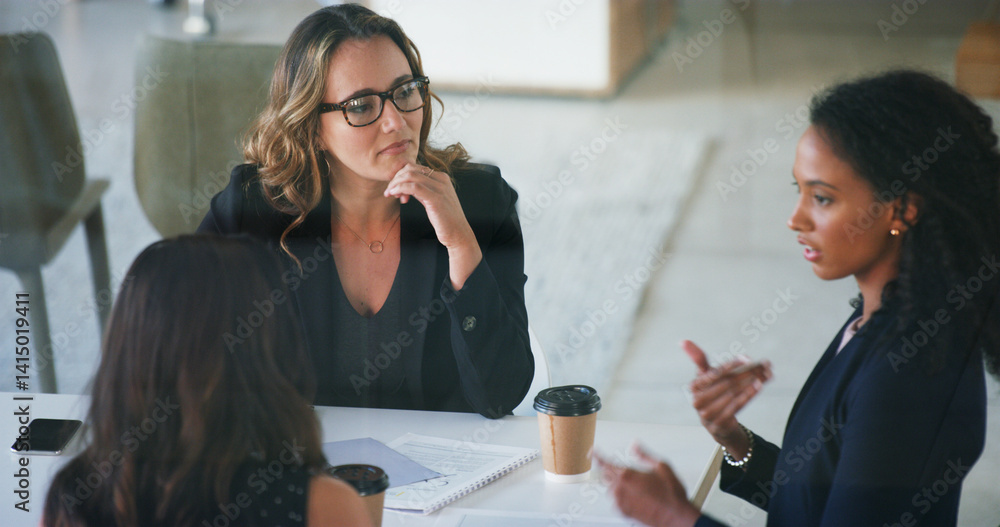 Business people, feedback and women in workplace, planning and discussion for financial report. Employees, speaking or mentor in office, cooperation or meeting for project development, help or advice