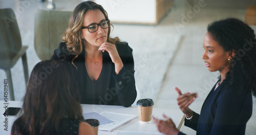 Obraz na płótnie Business people, feedback and women in workplace, planning and discussion for financial report. Employees, speaking or mentor in office, cooperation or meeting for project development, help or advice w salonie