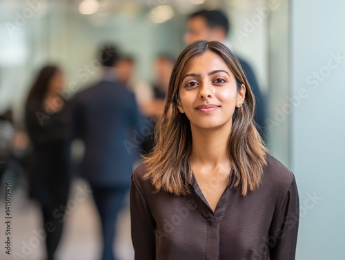 Wallpaper Mural A smiling woman looks directly at the camera in the soft light. She has shoulder-length dark brown hair and wears a modern office space with glass walls and a sleek casual outfit. Torontodigital.ca