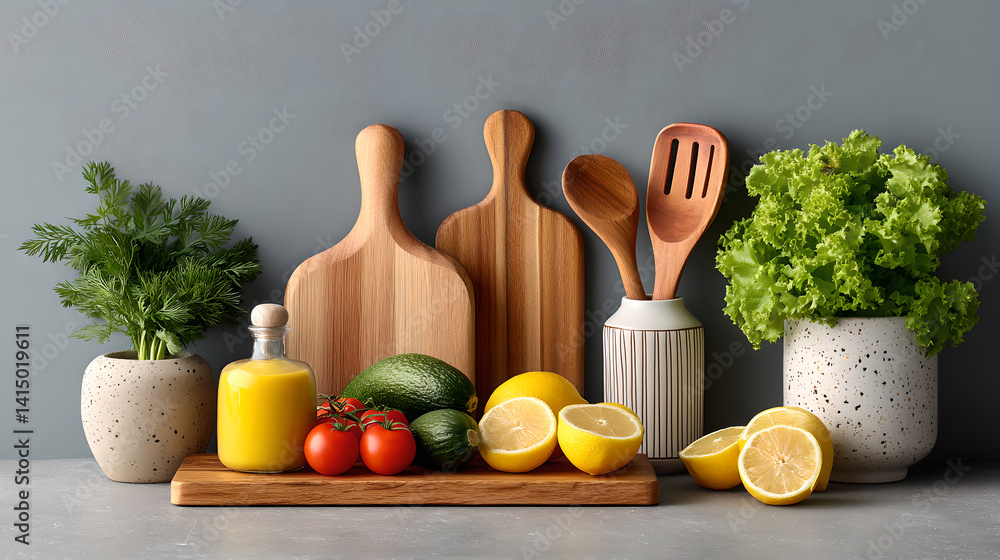 Fresh Produce and Wooden Kitchen Utensils Still Life