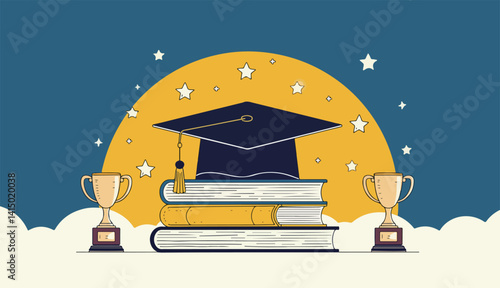 Graduation Cap on Books with Trophies