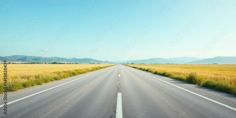 Asphalt road cutting through a vast golden field under a clear summer sky, leading towards distant mountains, symbolizing endless journey and open possibilities. Asphalt road cutting through a vast golden field under a clear summer sky, leading towards distant mountains, symbolizing endless journey and open possibilities.