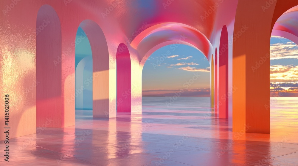 Vibrant arches reflect colorful sunset hues over a serene body of water. The scene combines architectural elegance with natural beauty as the sky transitions into evening Vibrant arches reflect colorful sunset hues over a serene body of water. The scene combines architectural elegance with natural beauty as the sky transitions into evening