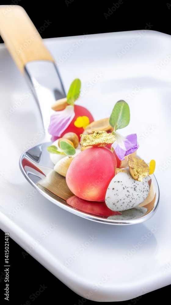 Gourmet Dessert Presentation on Spoon with Edible Flowers and Decorations Gourmet Dessert Presentation on Spoon with Edible Flowers and Decorations