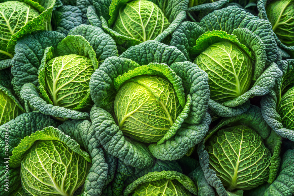 Fototapeta premium Close-up of vibrant green savoy cabbage heads with textured leaves, ideal for healthy food and vegetable backgrounds.