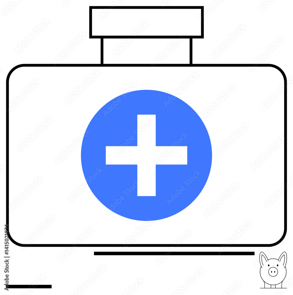 Obraz premium White first aid kit with bold blue cross symbol, outlined in black, symbolizing healthcare, safety, aid. Ideal for medical care, emergency preparedness, health apps, clinics safety awareness
