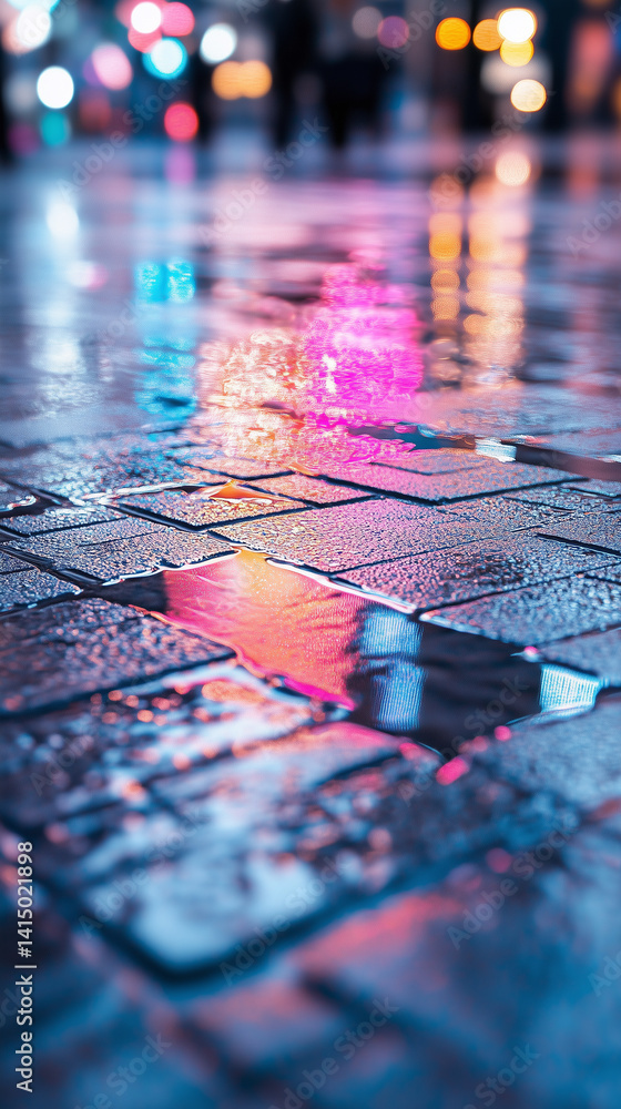 Naklejka premium Vibrant reflections on a wet city street at night