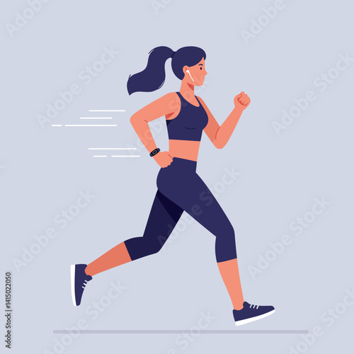 Young woman jogging in black sportswear with ponytail and smartwatch in flat minimal style vector illustration
