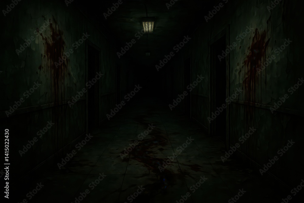 Dark, Creepy Hallway with Bloodstains and Ominous Atmosphere Dark, Creepy Hallway with Bloodstains and Ominous Atmosphere