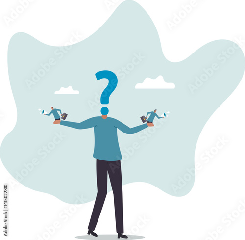 Dilemma or moral conflict, disagreement or argument for business direction, decision problem or question,character for design.