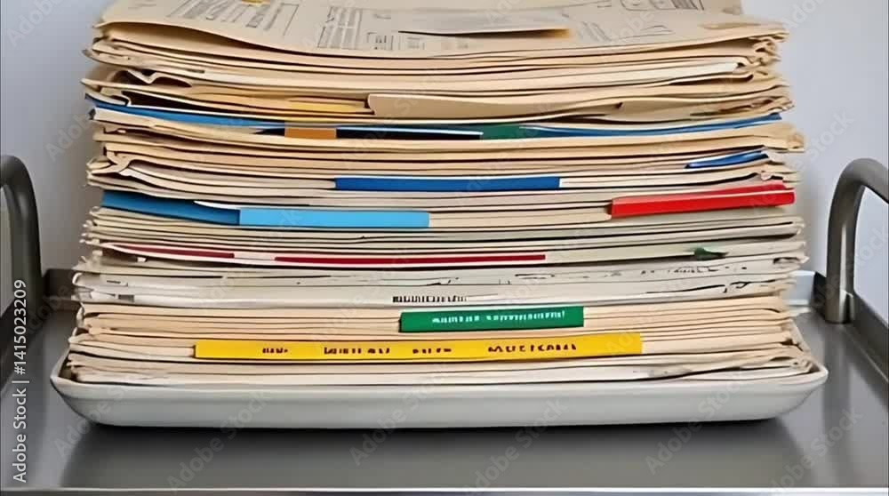 Stack of medical files and folders with colorful tabs on a metal trolley Stack of medical files and folders with colorful tabs on a metal trolley