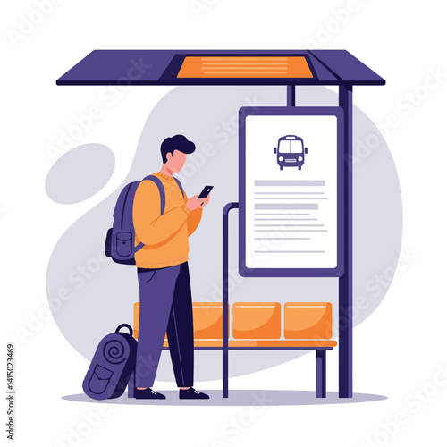 Young man with backpack and suitcase standing at bus stop reading schedule in flat design vector illustration