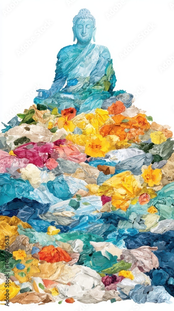 Fototapeta premium Tranquil Buddha Surrounded by Colorful Floral Silhouettes in Vibrant Artistic Composition