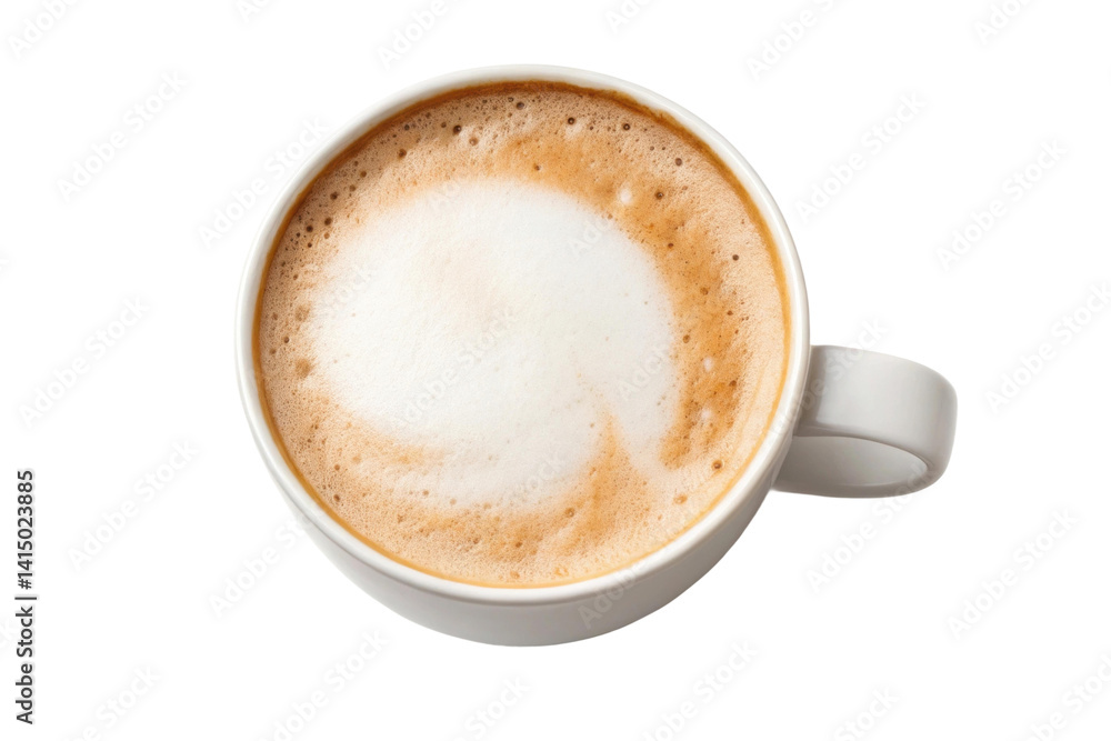 PNG Top view of frothy cappuccino in white cup on solid background PNG Top view of frothy cappuccino in white cup on solid background