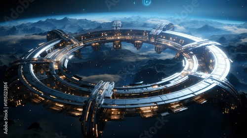 Fototapeta Naklejka Na Ścianę i Meble -  Futuristic Orbital Space Station Above Alien Planet