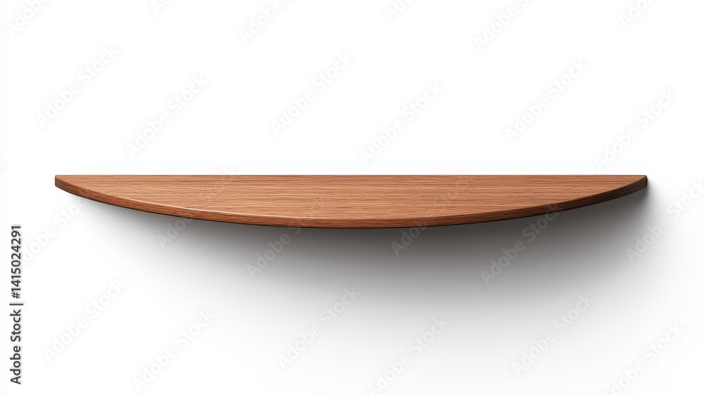 Fototapeta premium a curved floating shelf clipart, decorative home element, sleek wood veneer, minimal style, isolated on white background