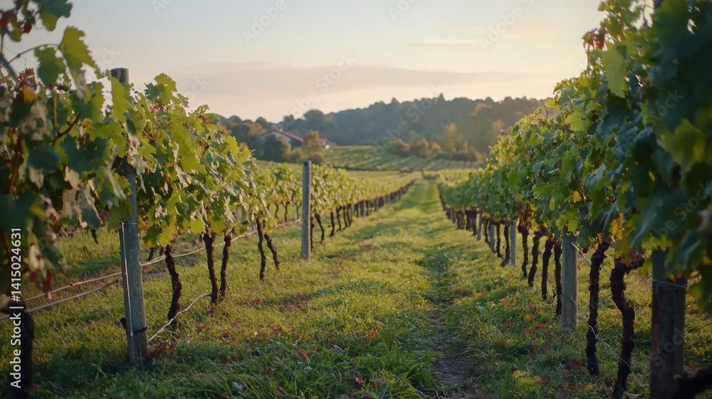 Naklejka premium Lush green grapevines stretch along neatly spaced rows in a vineyard as the sun sets, casting a warm glow over the landscape. The scene evokes tranquility and peace