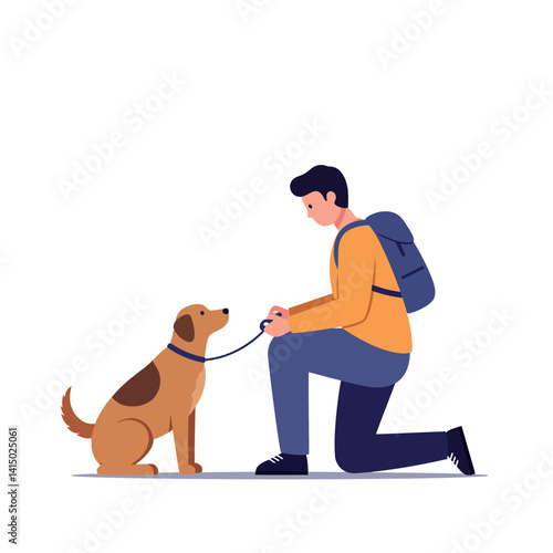 Man kneeling with brown dog in casual clothing holding leash in flat minimal vector illustration
