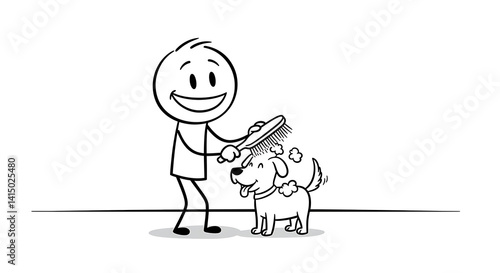 Happy Man Brushing His Dog Simple Stick Figure Illustration