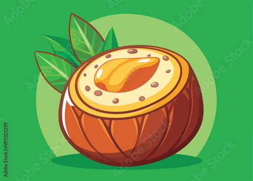 Delicious halved nut with leaves.