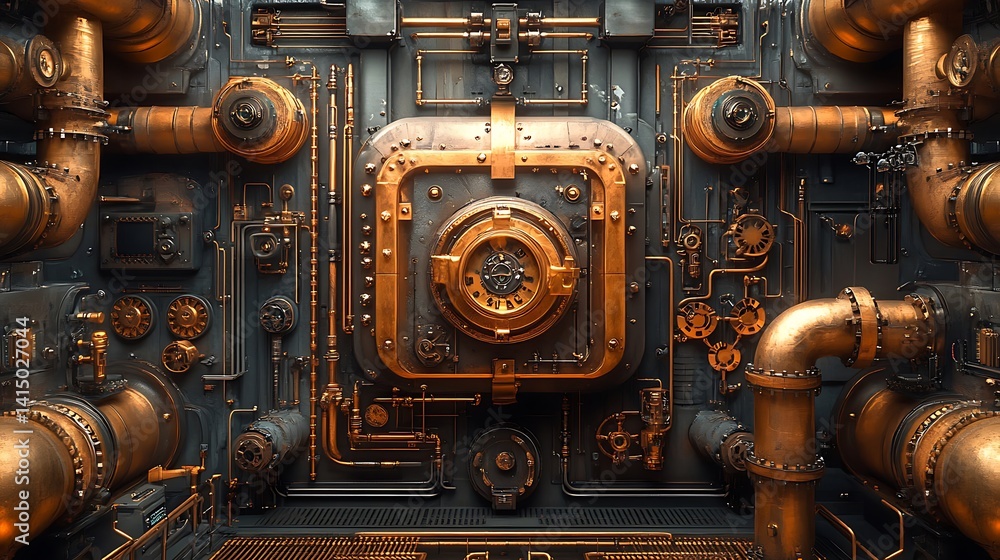 Intricate steampunk-inspired panel with complex machinery. Intricate steampunk-inspired panel with complex machinery.