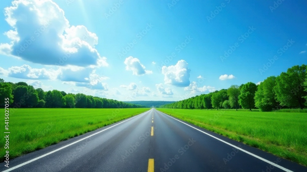 Asphalt Road Leading Through Lush Green Fields Under a Sunny Sky with Puffy White Clouds, Offering a Sense of Tranquility and Openness Asphalt Road Leading Through Lush Green Fields Under a Sunny Sky with Puffy White Clouds, Offering a Sense of Tranquility and Openness