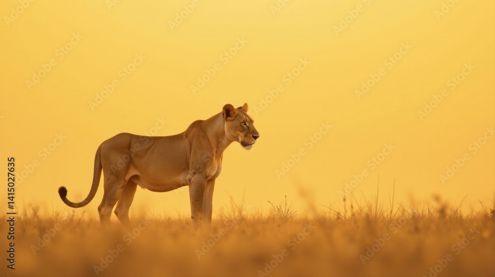 Fototapeta premium Golden Hour Lioness A Majestic Creature Stands Silently in the Savannah Grass