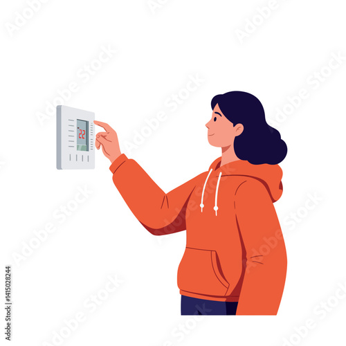 Young woman adjusting modern digital thermostat with focused expression in casual outfit flat design vector illustration